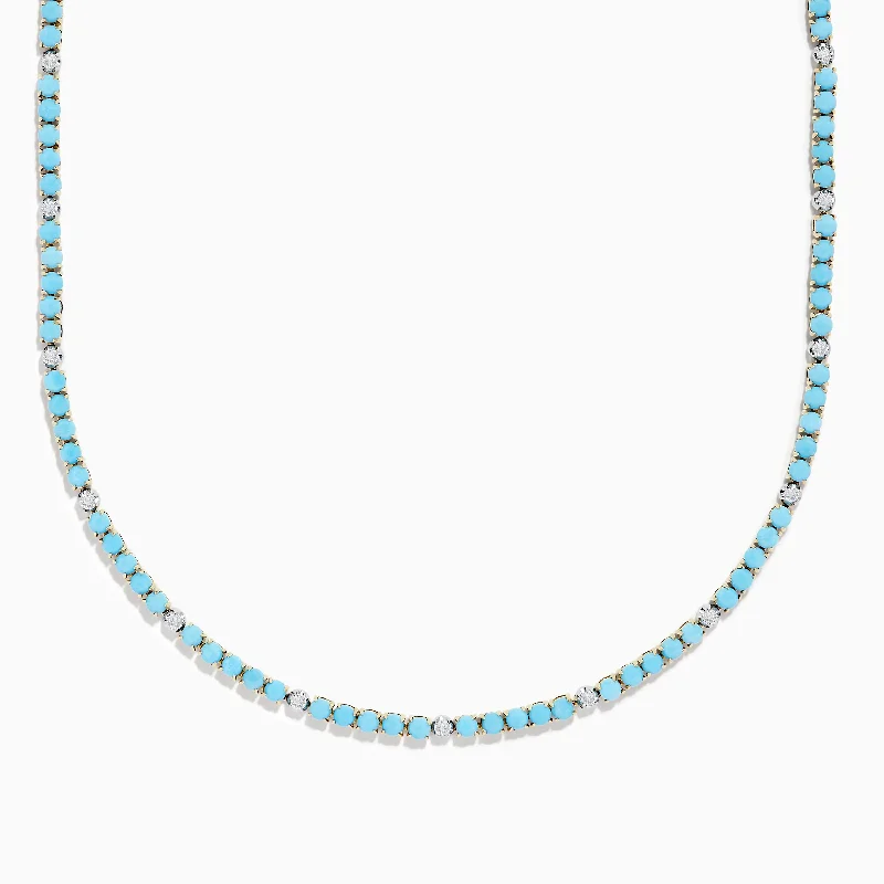 solid gold necklace-14k Yellow Gold Turquoise and Diamond Tennis Necklace