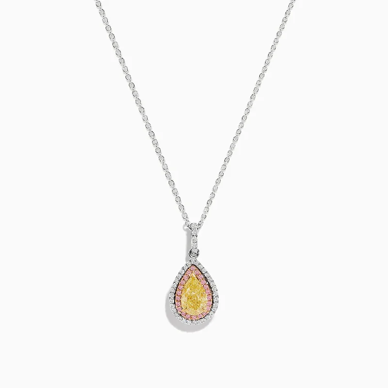 pendant necklace for mom-18K Three Tone Gold Pear Shaped Yellow Diamond and Pink Diamond Halo Pendant