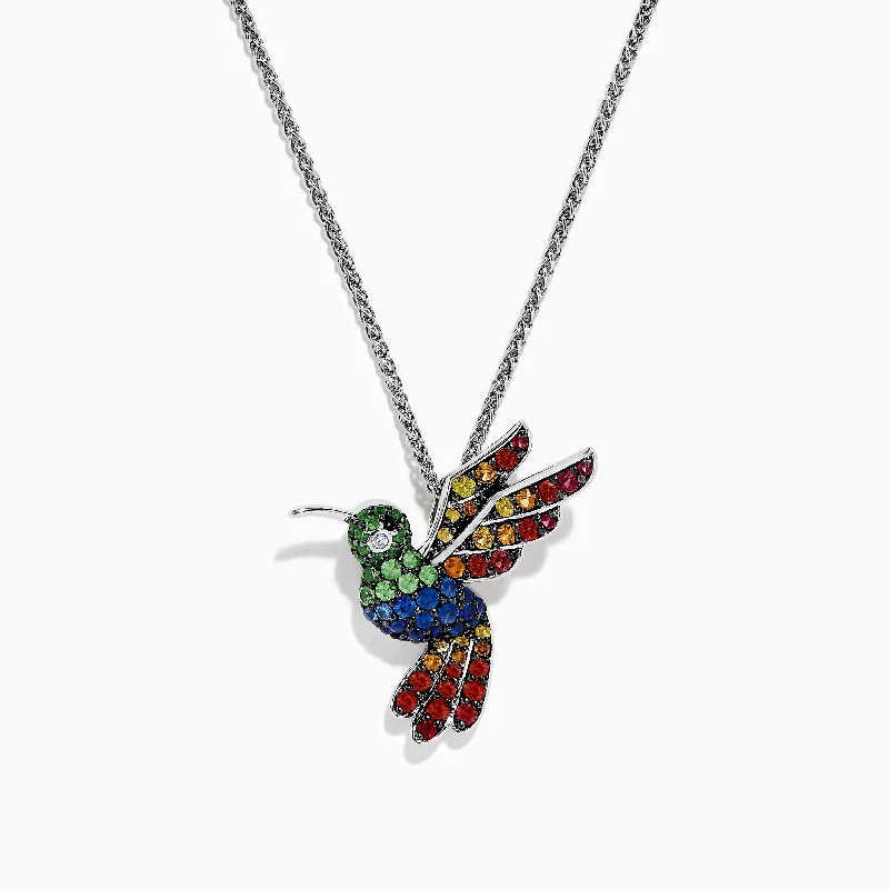 adjustable gemstone necklace-925 Safari Sterling Silver Multi Sapphires Humming Bird Pendant