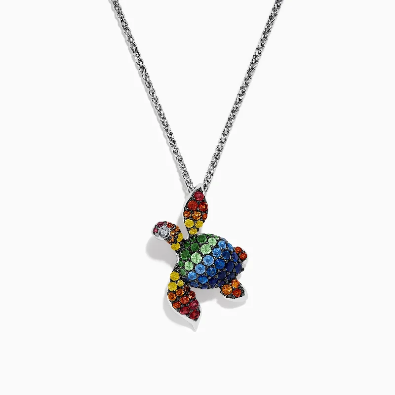 bar pendant necklace-925 Seaside Sterling Silver Multi Sapphires Turtle Pendant