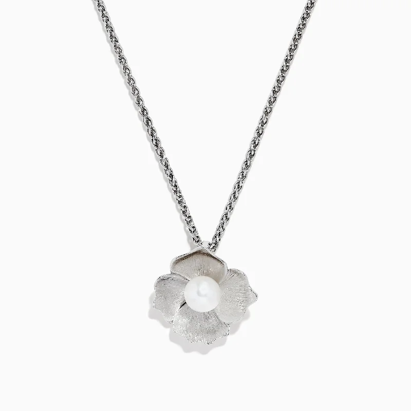 bar pendant necklace-925 Sterling Silver Cultured Fresh Water Pearl Flower Pendant