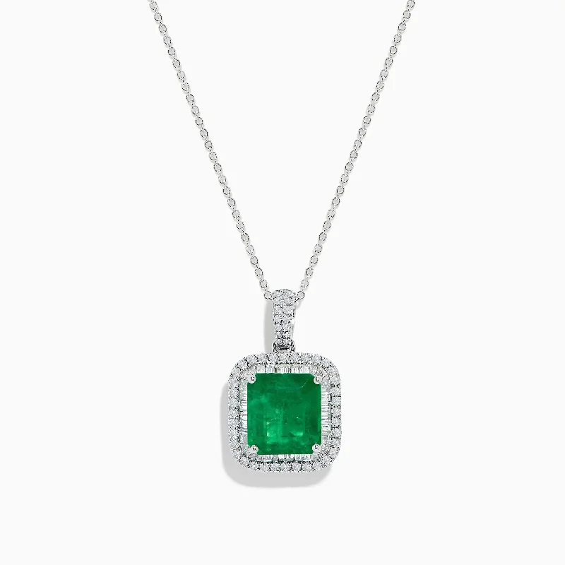 custom engraved bar necklace-Brasilica 14K White Gold Emerald and Diamond Pendant