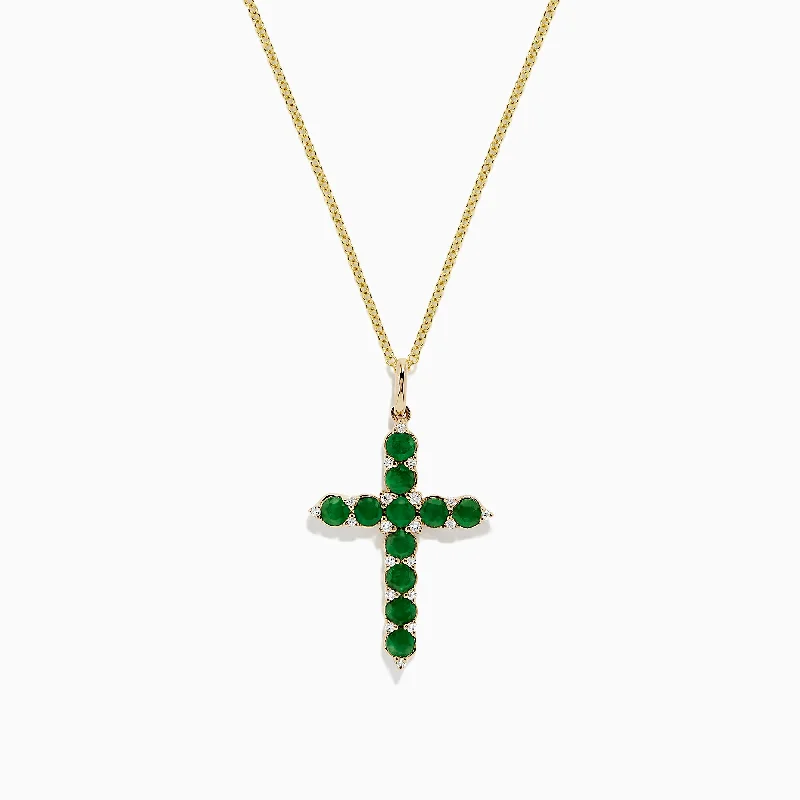 crystal pendant necklace-Brasilica 14K Yellow Gold Emerald and Diamond Cross Pendant, 1.34 TCW