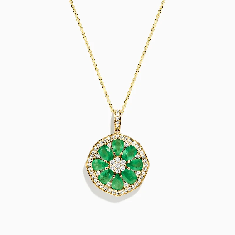 women’s gold choker necklace-Brasilica 14K Yellow Gold Emerald and Diamond Pendant