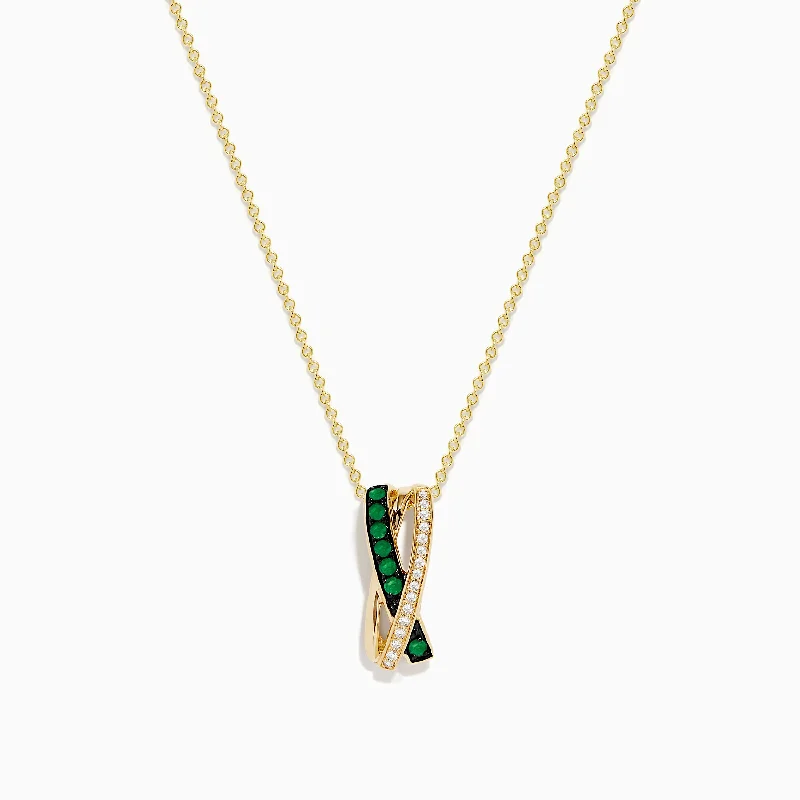 gold crystal necklace-14K Yellow Gold Emerald and Diamond Crossover Pendant