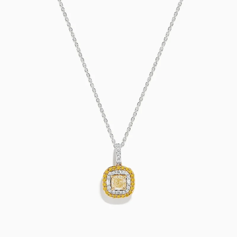 engraved love necklace-Canare 14K 2-Tone Gold Cushion Double Halo Yellow Diamond Pendant