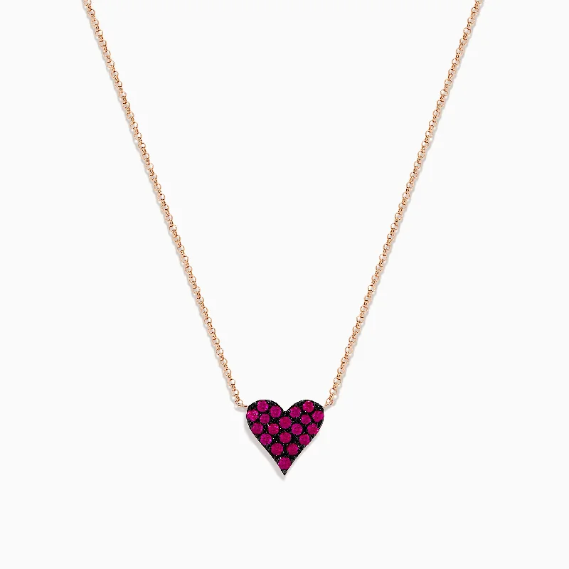 boho necklace for women-14K Rose Gold Ruby Pave Heart Necklace