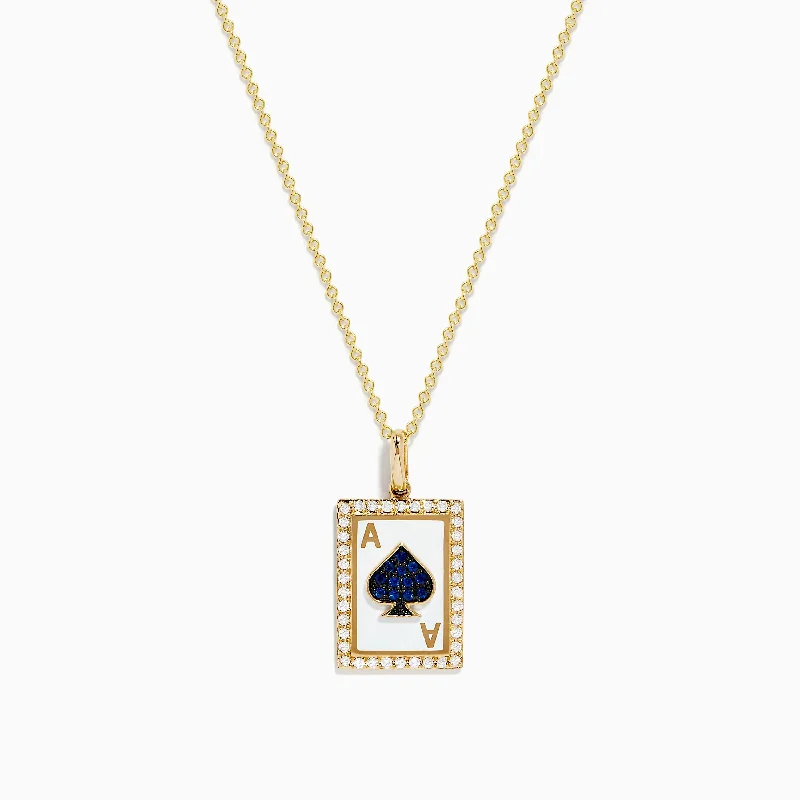 3D pendant necklace-Casino 14K Yellow Gold Diamond and Sapphire Spade Card Pendant