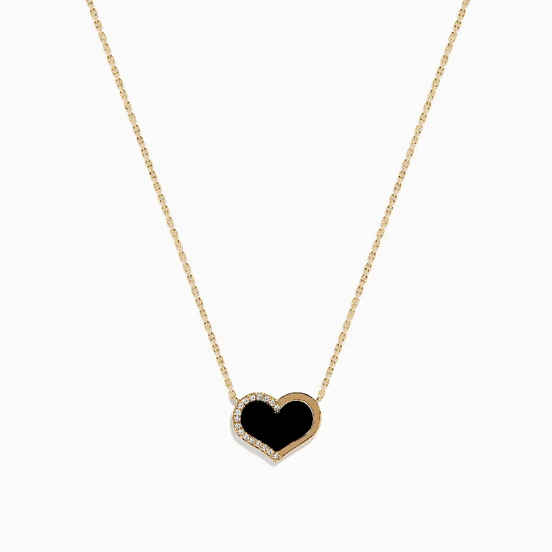 initial necklace for girls-Eclipse 14K Yellow Gold Onyx and Diamond Heart Necklace