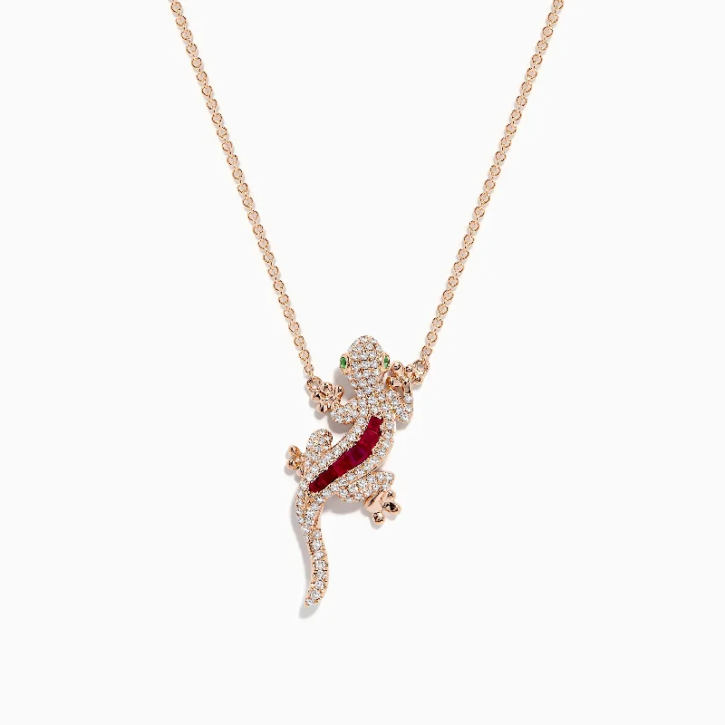 long gold necklace-Lizard 14K Rose Gold Ruby and Diamond Pendant