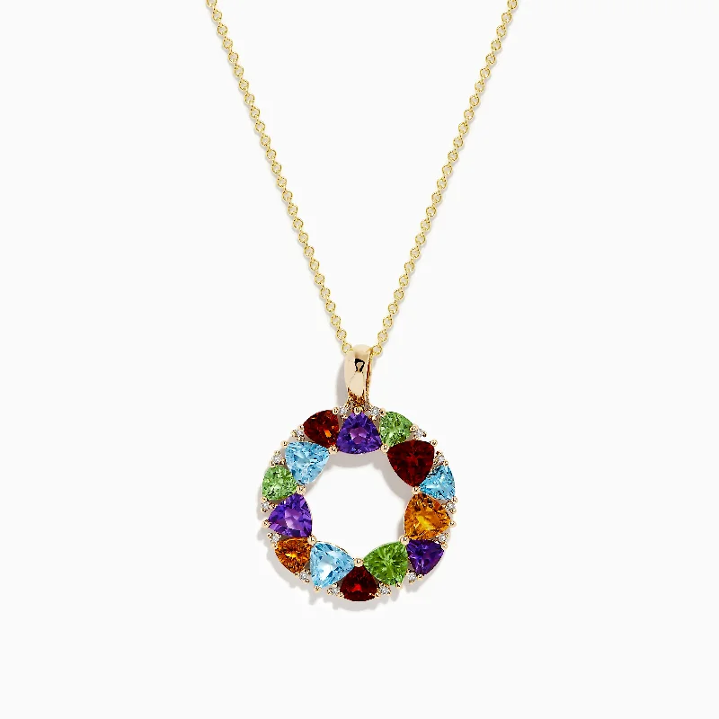 personalized stone necklace-Mosaic 14K Yellow Gold Multi Stone and Diamond Pendant