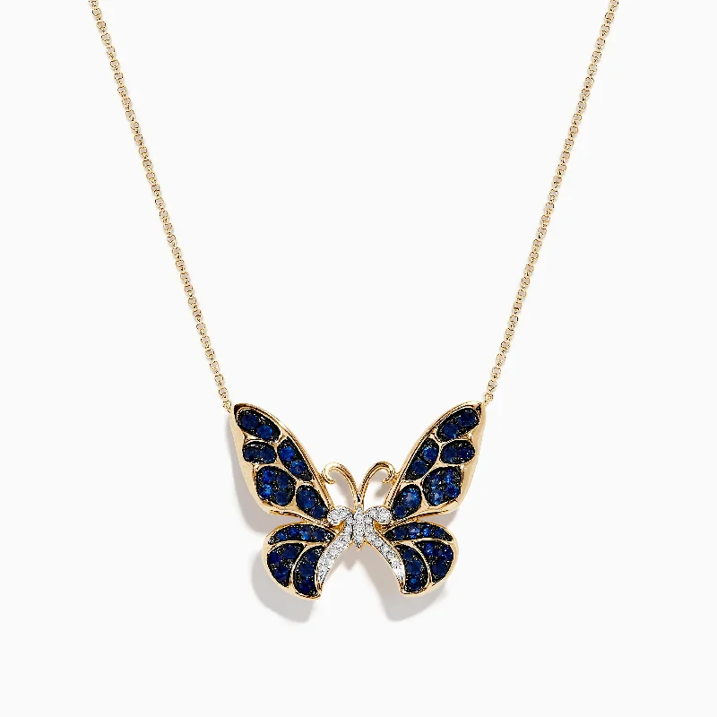 simple pendant choker necklace-Nature 14K Gold Blue Sapphire and Diamond Butterfly Necklace