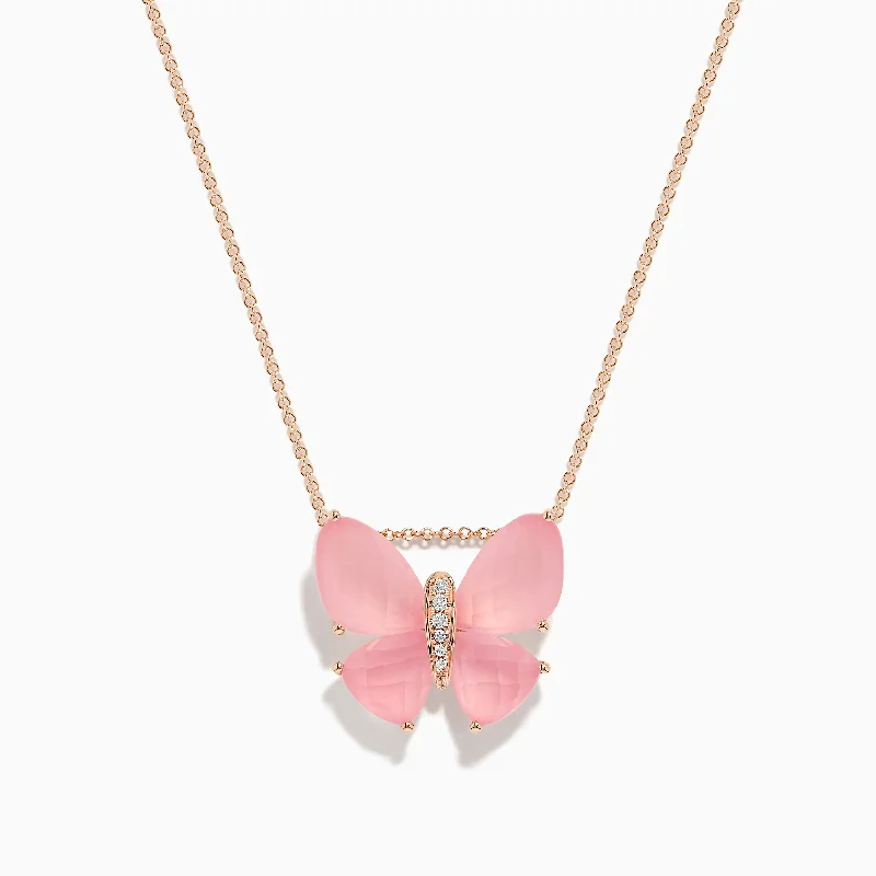 eco-friendly necklace-Nature 14K Rose Gold Rose Quartz and Diamond Butterfly Pendant