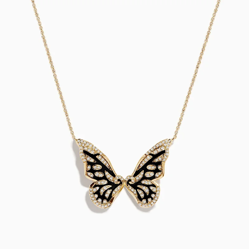 adjustable gemstone necklace-Nature 14K Yellow Gold Diamond Butterfly Necklace