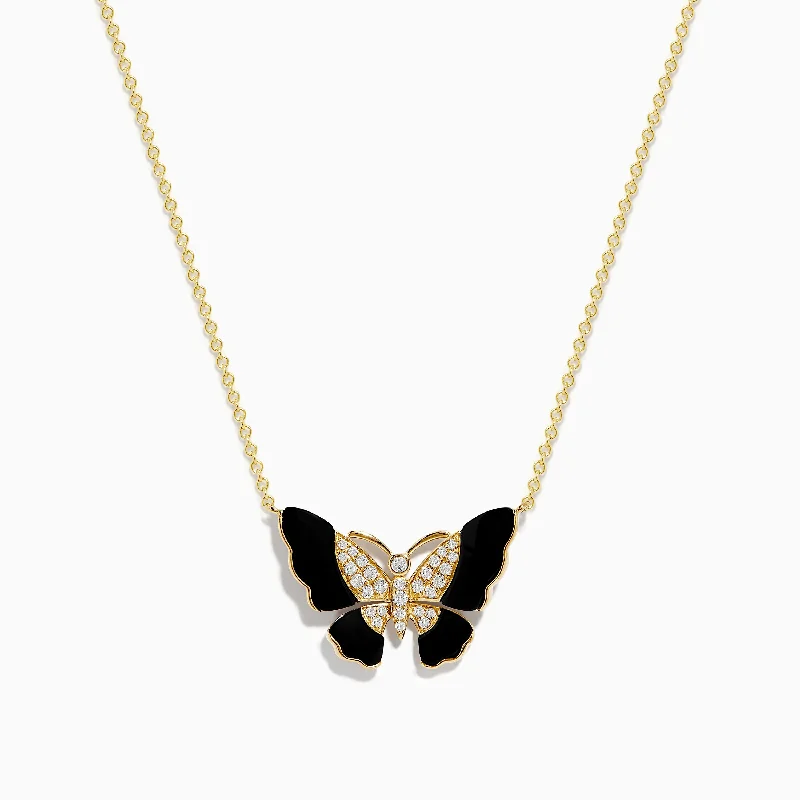 custom initials necklace-Nature 14K Yellow Gold Onyx and Diamond Butterfly Necklace