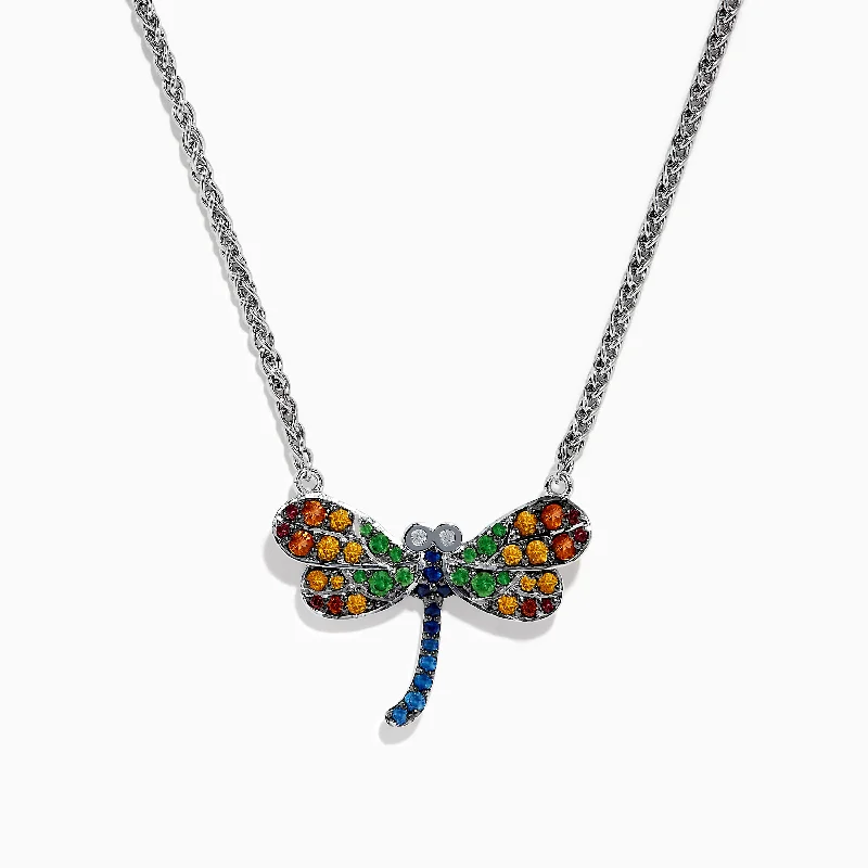 trendy pendant necklace-Nature Sterling Silver Multi Gemstone Dragonfly Necklace