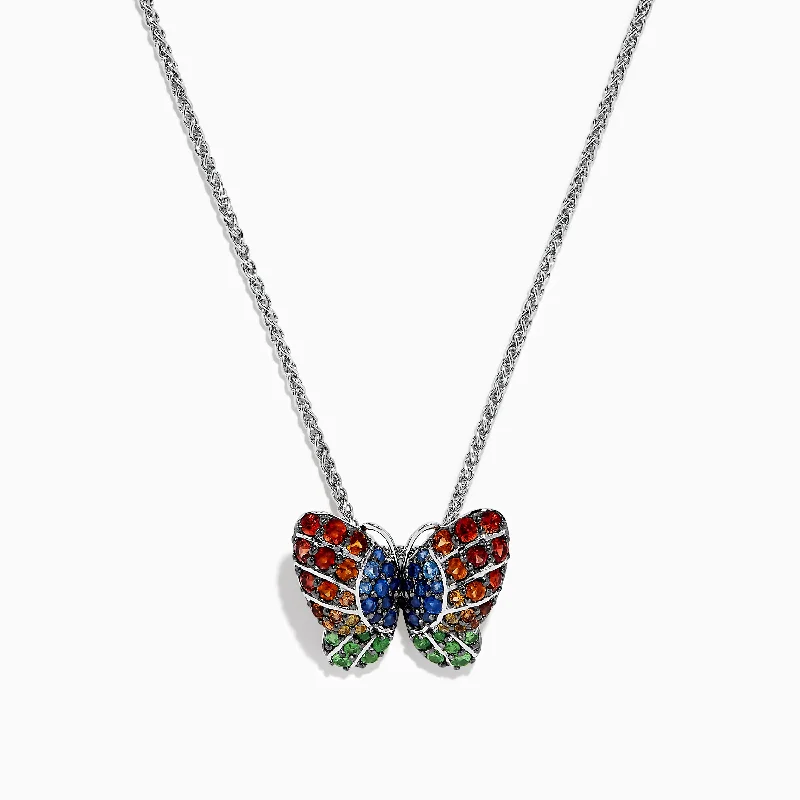 simple pendant choker necklace-Nature Sterling Silver Multi Sapphires Butterfly Pendant