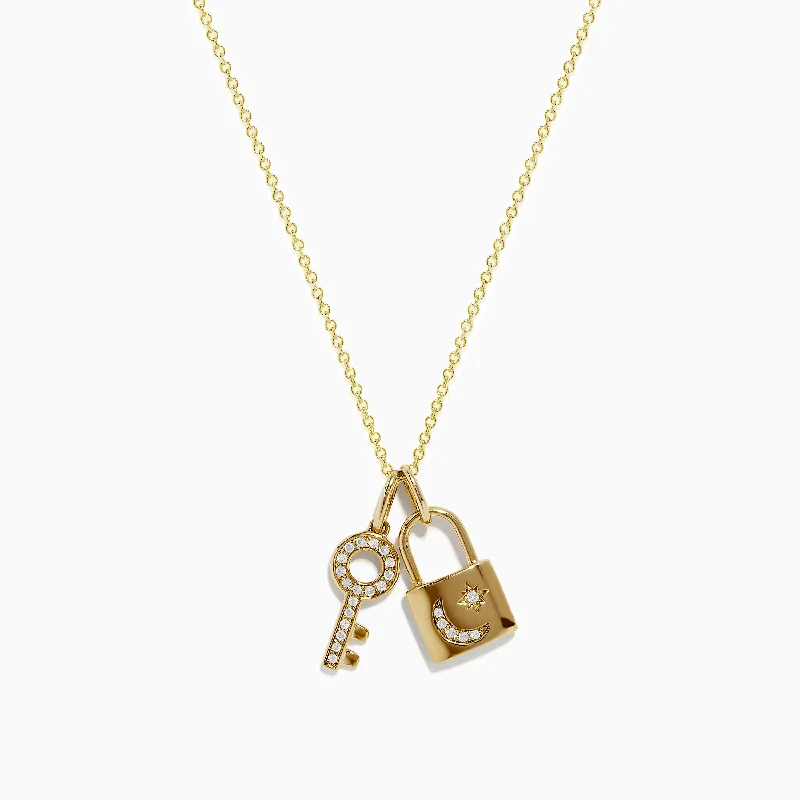 custom photo necklace-Novelty 14 Karat Yellow Gold Diamond Lock and Key Pendant