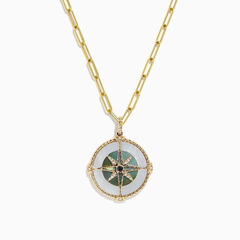 gemstone chain necklace-Novelty 14K Gold Multi Gemstone and Diamond Compass Pendant, 0.08 TCW