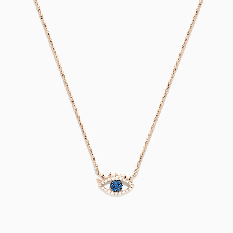 multi-layered pendant necklace-Novelty 14K Rose Gold Blue Sapphire and Diamond Evil Eye Pendant