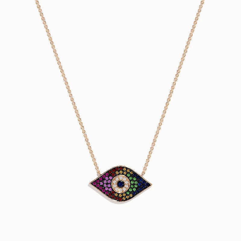 luxury silver necklace-Novelty 14K Rose Gold Multi Sapphire & Diamond Evil Eye Necklace