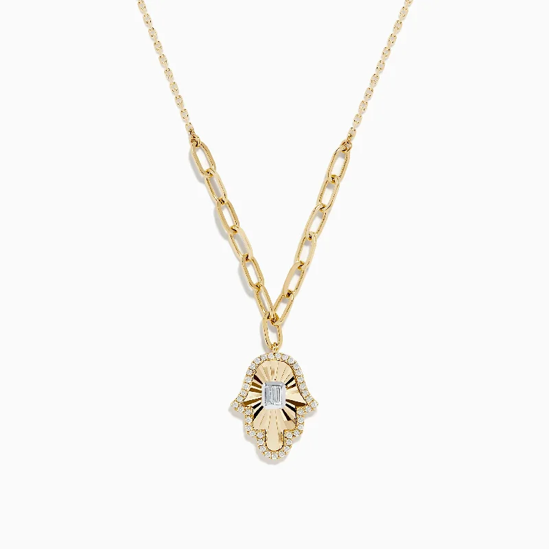 adjustable gold necklace-Novelty 14K Two-Tone Gold Diamond Hamsa Necklace