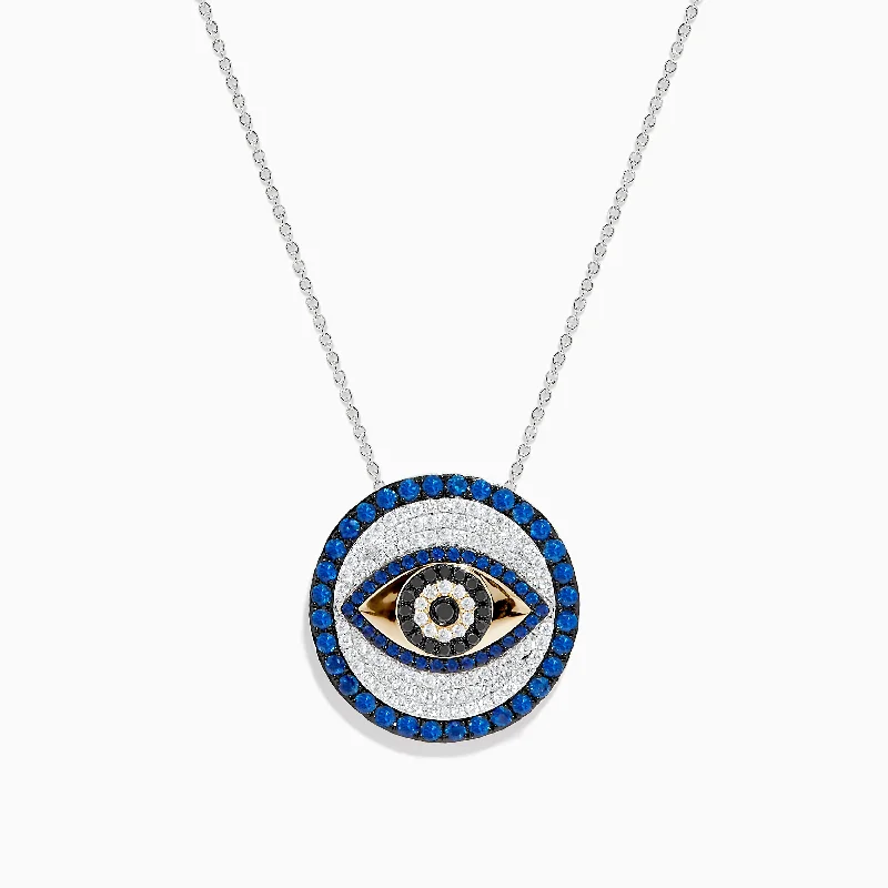 celestial necklace for women-Novelty 14K Two Tone Gold Sapphire and Diamond Evil Eye Pendant