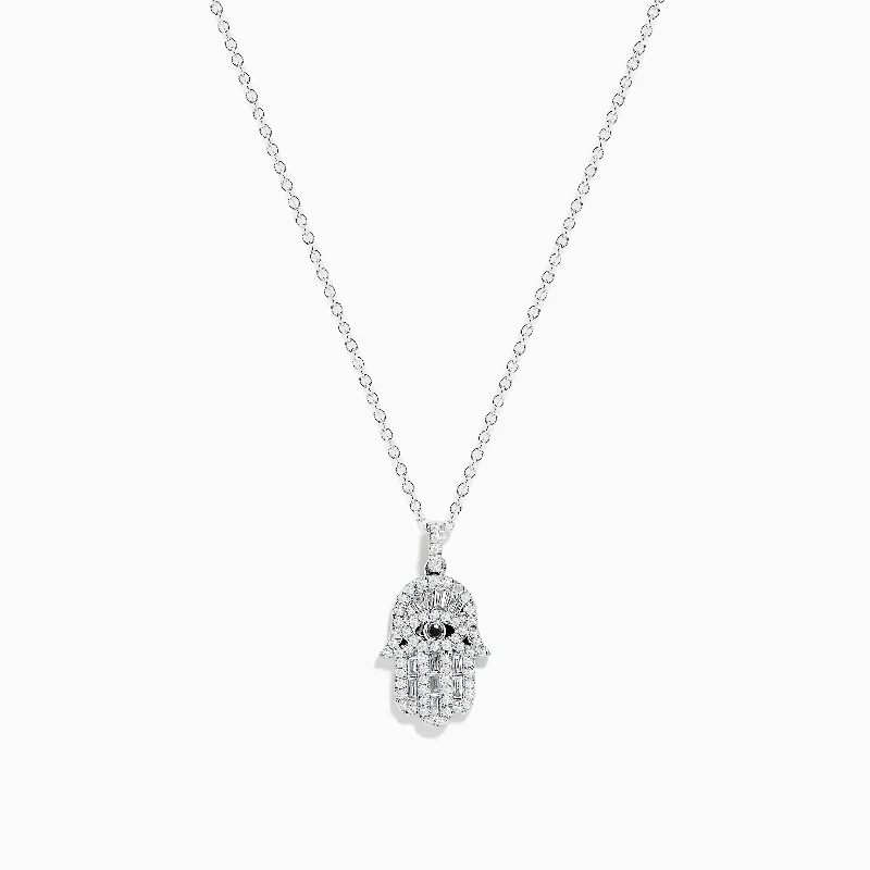 layered gold necklace-Novelty 14K White Gold Black and White Diamond Hamsa Pendant