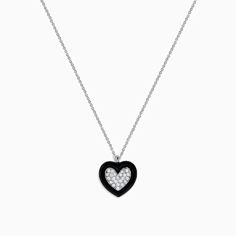 unique charm necklace-Novelty 14K White Gold Black Enamel & Diamond Heart Pendant, 0.18 TCW