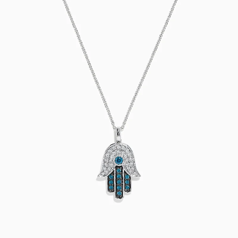 simple charm necklace-Novelty 14K White Gold Blue and White Diamond Hamsa Pendant, 0.35 TCW