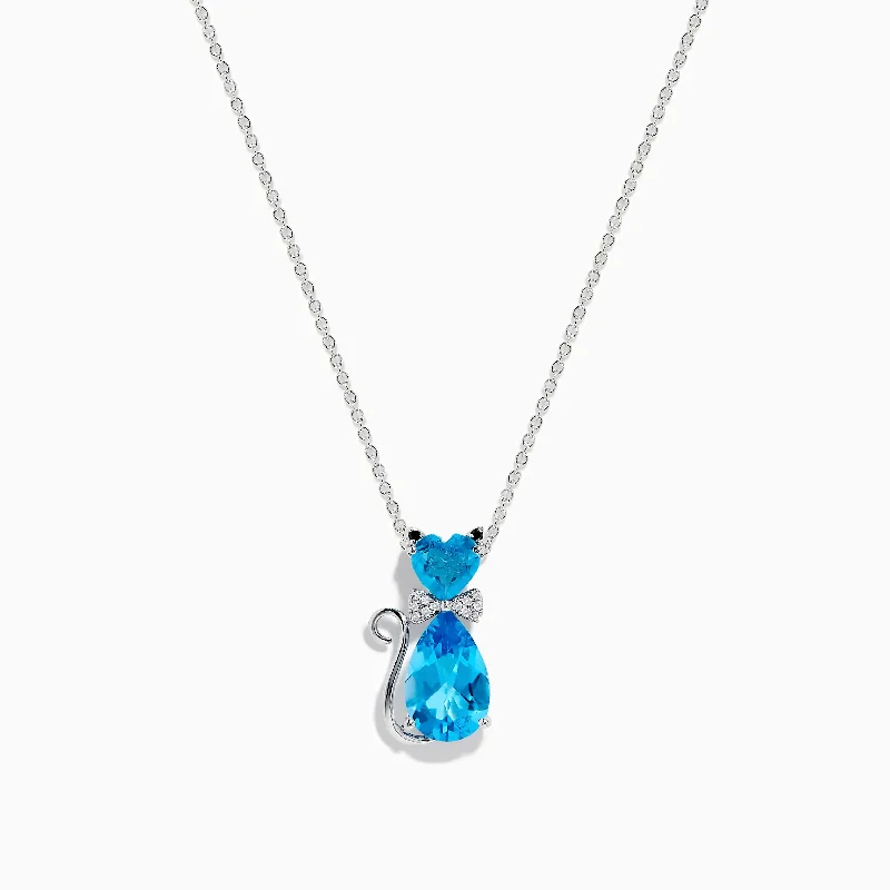 wedding anniversary necklace-Novelty 14K White Gold Blue Topaz and Diamond Cat Pendant