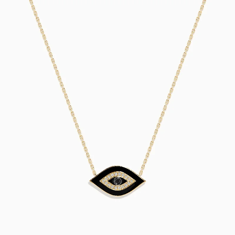 silver leaf necklace-Novelty 14K Yellow Gold Black Enamel and White Diamond Evil Eye Necklace