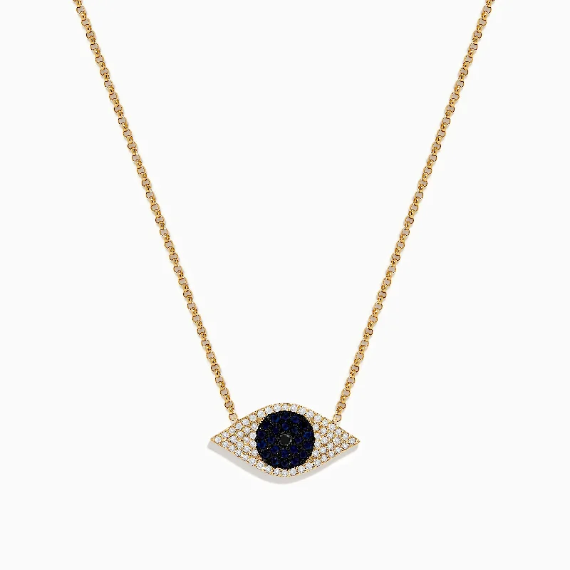 adjustable necklace for women-Novelty 14K Yellow Gold Blue Sapphire and Diamond Evil Eye Necklace