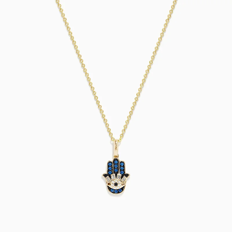 rose gold pendant necklace-Novelty 14K Yellow Gold Blue Sapphire and Diamond Hamsa Pendant