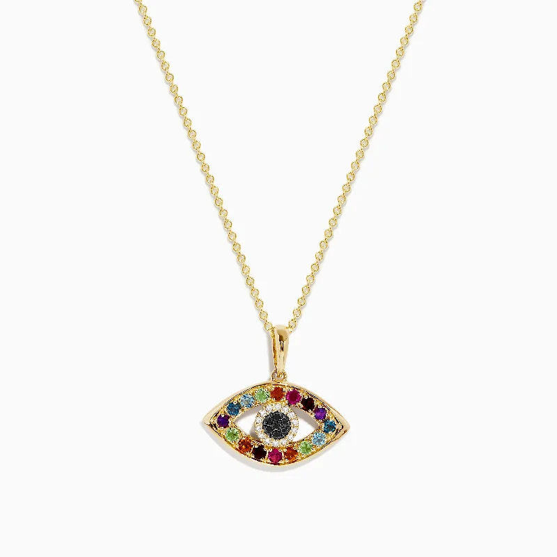 antique style necklace-Novelty 14K Yellow Gold Diamond and Multi Stone Evil Eye Pendant