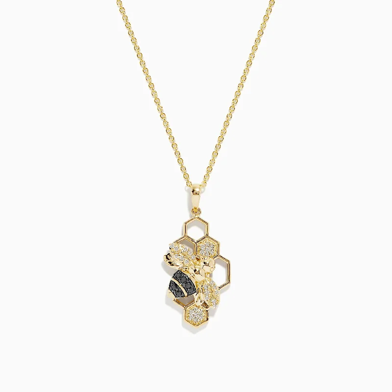 pendant chain necklace-Novelty 14K Yellow Gold Black and White Diamond Bee & Honeycomb Pendant