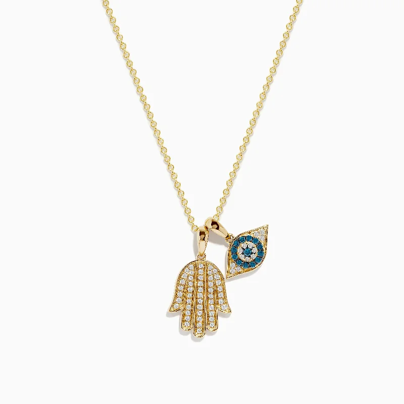 minimalist bar necklace-Novelty 14K Yellow Gold White and Blue Diamond Hamsa & Evil Eye Pendant