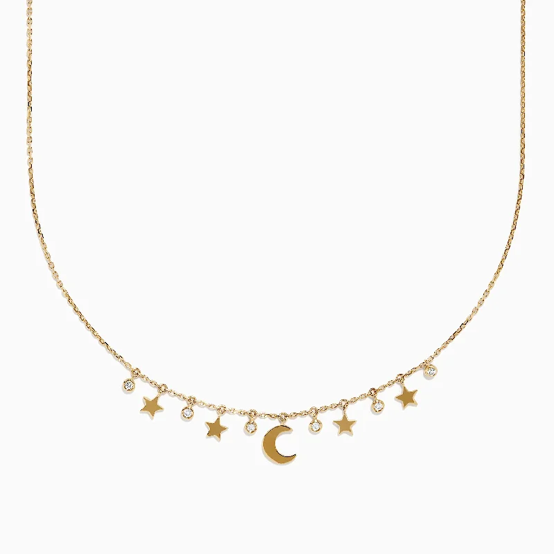 wedding anniversary necklace-Novelty 14K Yellow Gold Diamond Moon and Stars Necklace