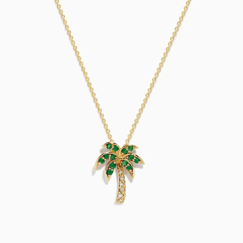 women’s diamond necklace-Novelty 14K Yellow Gold Emerald and Diamond Palm Tree Pendant