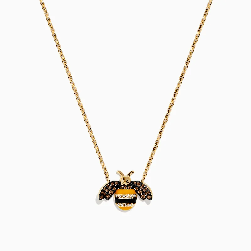 double pendant necklace-Novelty 14K Yellow Gold Espresso and White Diamond Bee Necklace