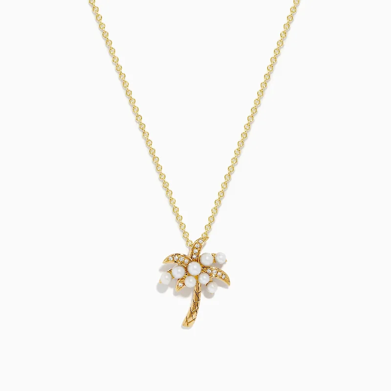 eco-friendly pendant necklace-Novelty 14K Yellow Gold Fresh Water Pearl & Diamond Palm Tree Pendant