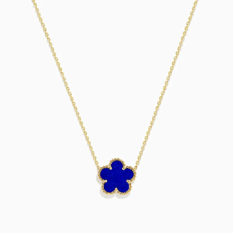 geometric necklace-Novelty 14K Yellow Gold Lapis Flower Necklace