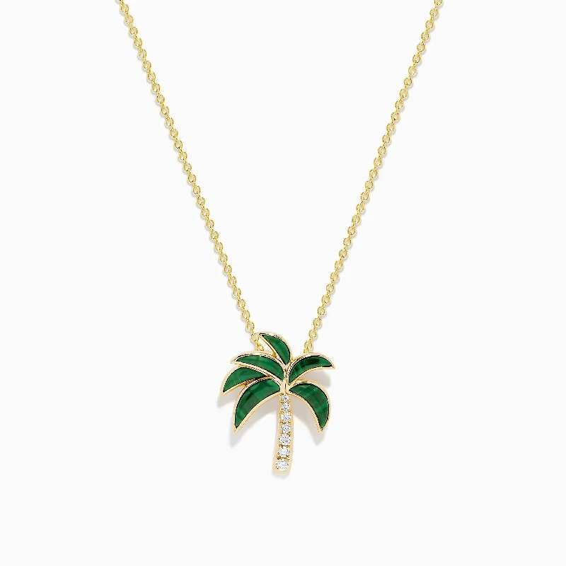 long gold necklace-Novelty 14K Yellow Gold Malachite and Diamond Palm Tree Pendant