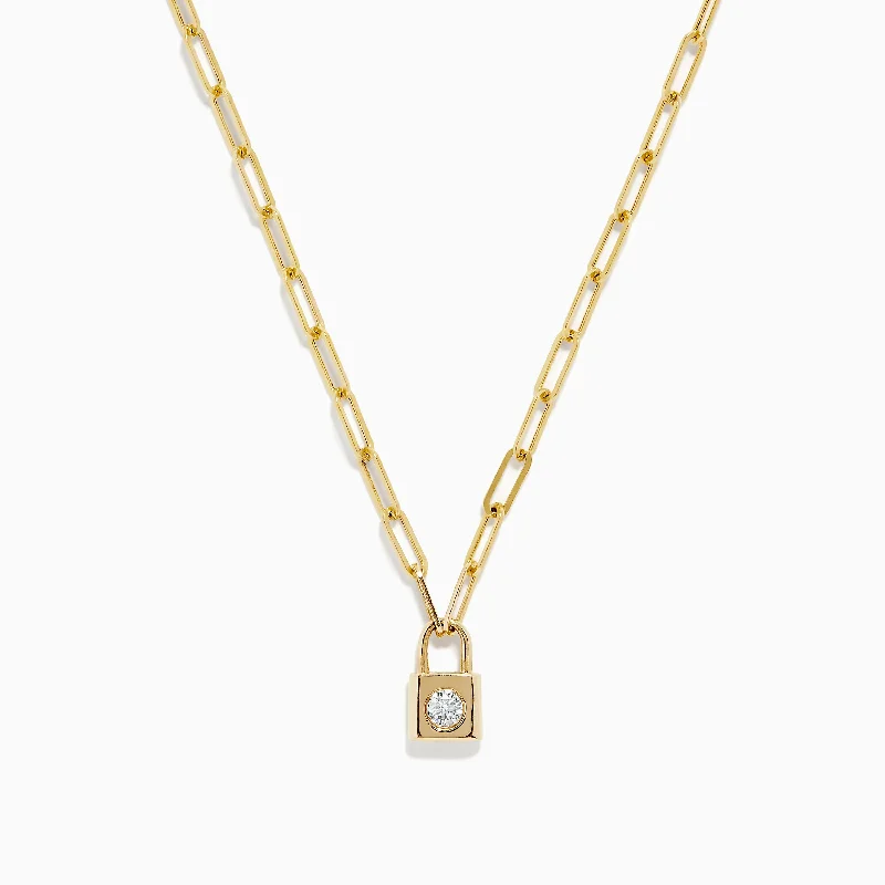 chunky pendant necklace-Novelty 14K Yellow Gold Diamond Mini Lock Necklace