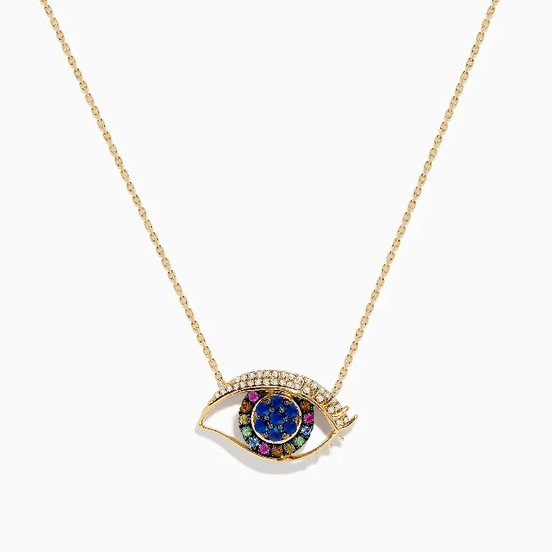 friendship necklace-Novelty 14K Yellow Gold Multi Sapphire and Diamond Evil Eye Necklace