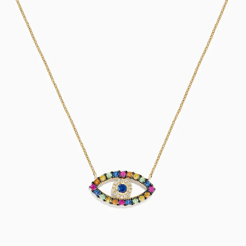 double pendant necklace-Novelty 14K Yellow Gold Multi Sapphire and Diamond Evil Eye Necklace