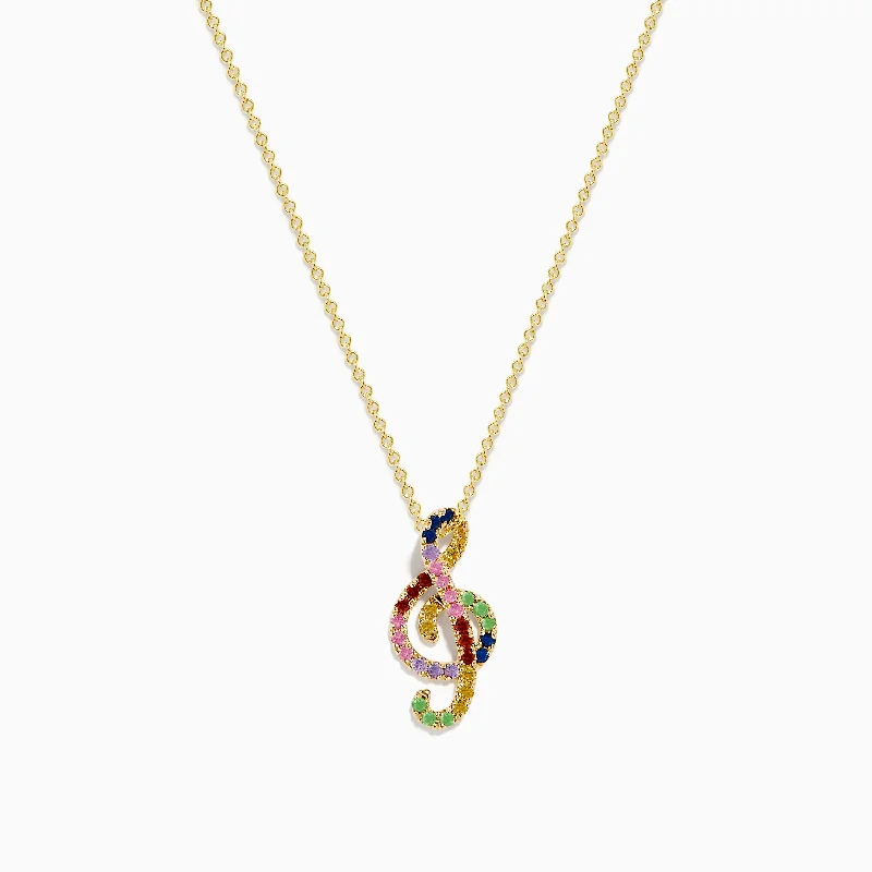 custom name necklace-Novelty 14K Yellow Gold Multi Sapphire Tsavorite Treble Clef Pendant