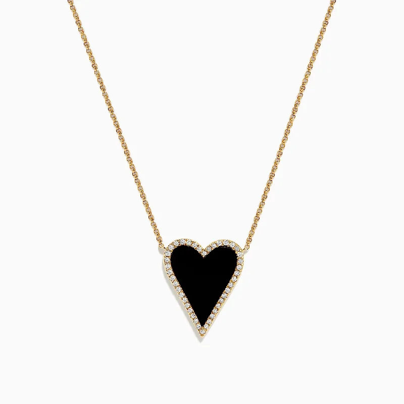 leather and silver necklace-Novelty 14K Yellow Gold Onyx and Diamond Elongated Heart Pendant