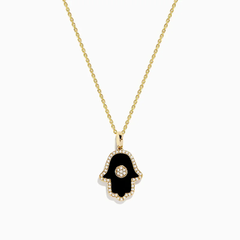 minimalist gold necklace-Novelty 14K Yellow Gold Onyx and Diamond Hamsa Pendant