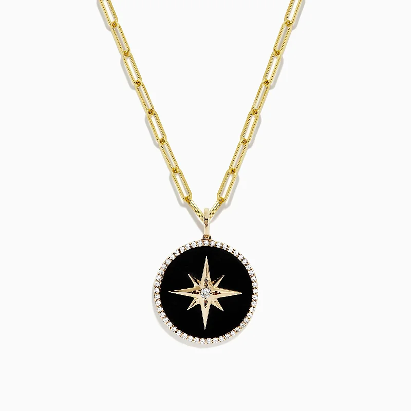 simple silver necklace-Novelty 14K Yellow Gold Onyx and Diamond Star Coin Pendant, 4.49 TCW